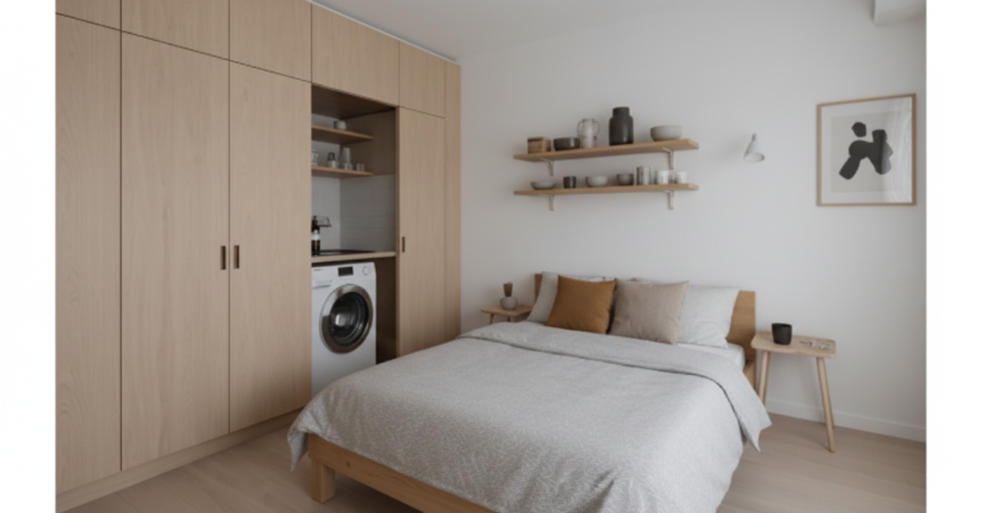 ベッドと収納と洗濯機がある一人暮らしの部屋