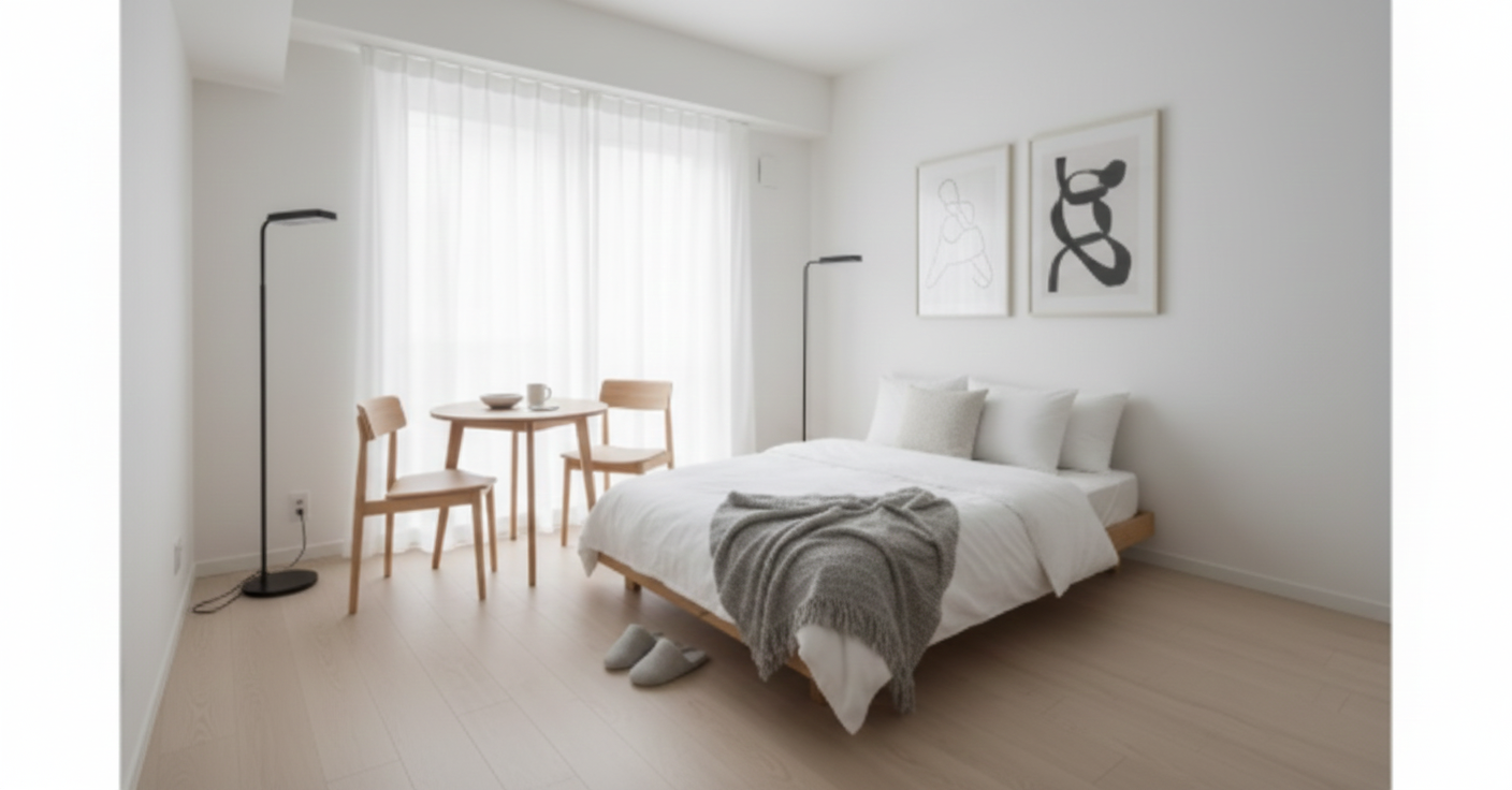 朝の光が入る一人暮らしの寝室